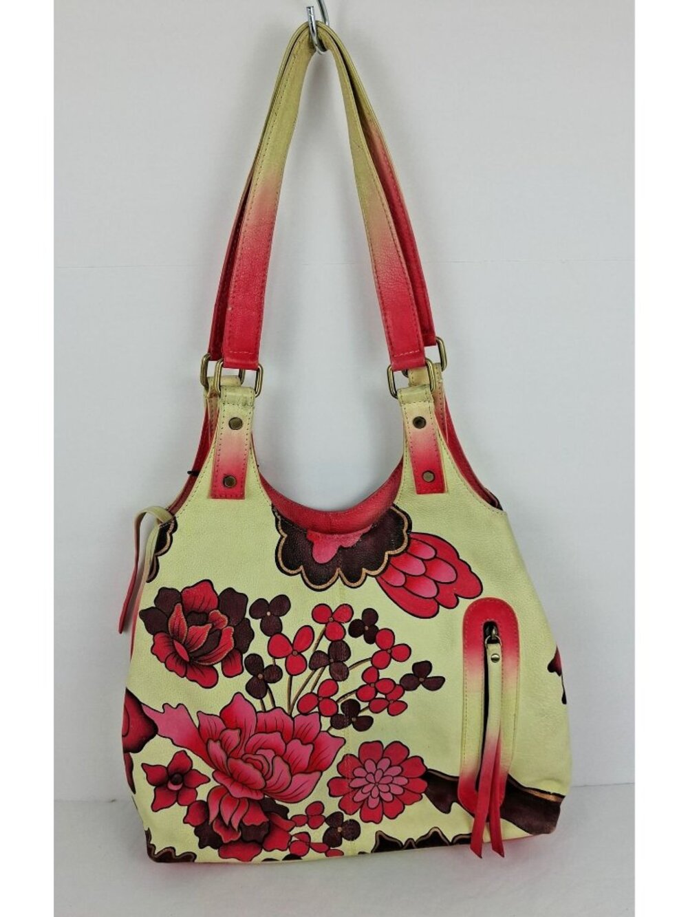 Retro 60s 70s Red Cream Floral Genuine Soft Leather Shoulder Bag Double Handle - Picture 2 of 16